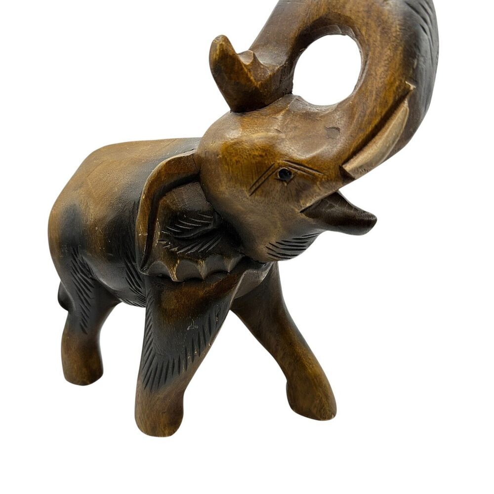 Elephant Sculpture Hand Carved Wooden Raised Trunk Lucky‎ Piece Thailand 11"